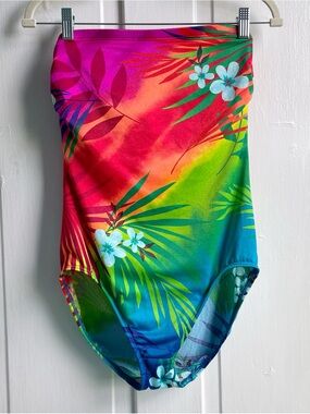 Vintage 90s Bright Colorful Tropical Sirena Strapless One Piece Swimsuit